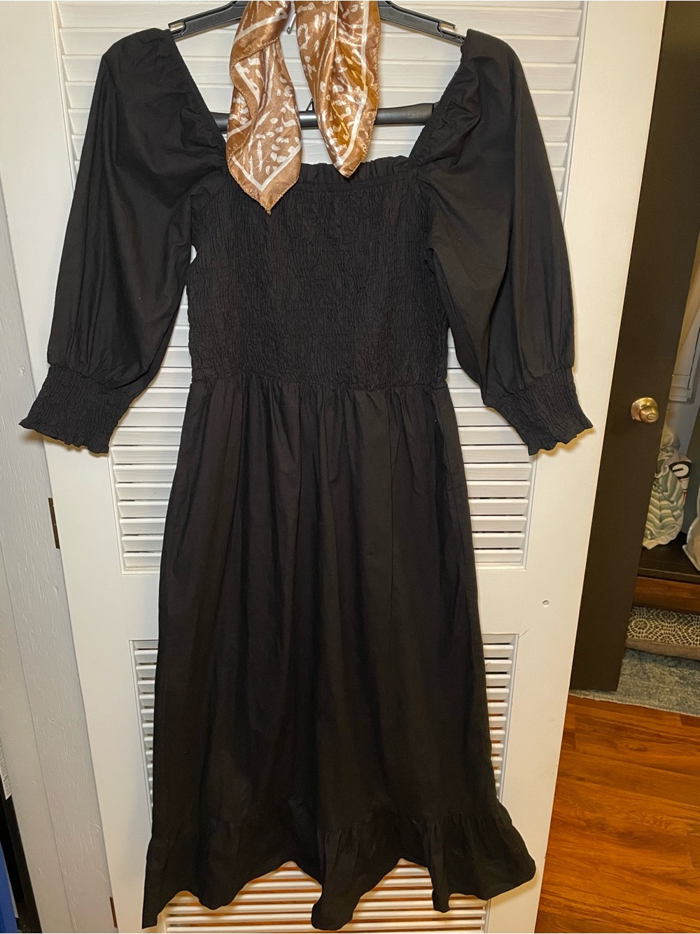 Smocked Puff-Sleeve Midi Dress in Black